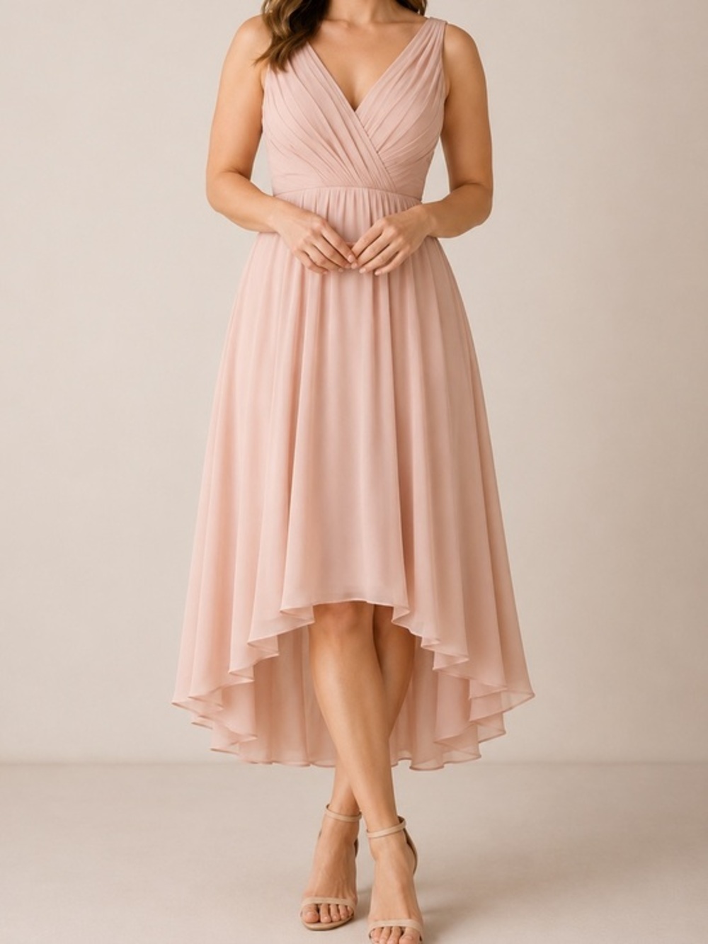 Monique Lhuillier Peach Pink Bridesmaids Double V-Neck High Low Dress